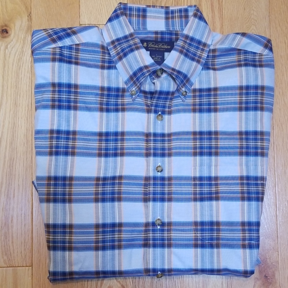 Brooks Brothers L Blue Orange Plaid Italian Shirt